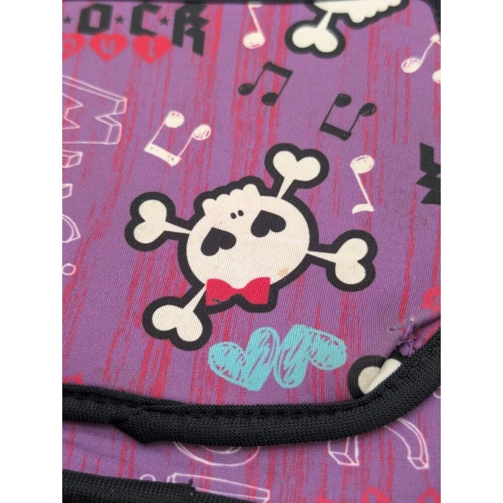 Insulated Neoprene Lunch Bag Tote Punk Rock Music Skull Crossbones Purple Pink